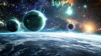 Wall Mural - Artistic depiction of planets and stars in a vibrant outer space scene with cosmic clouds