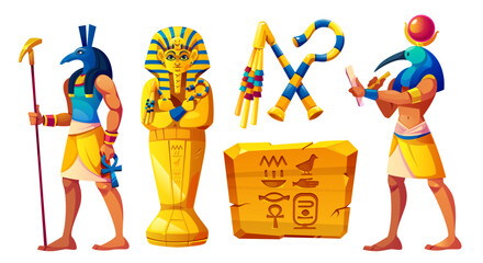 Poster - ancient egyptian stone pharaoh statues set - anubis holding ankh, golden sarcophagus with mask, thot