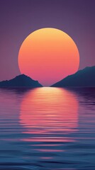 Poster - Serene sunset over tranquil water reflecting a giant sun with distant mountain silhouettes in a minimalist style