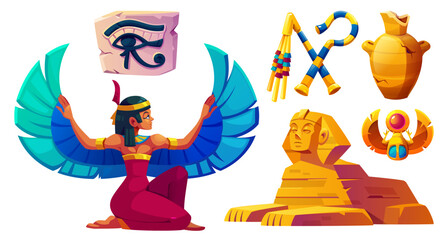 Poster - ancient egyptian decorative elements set - clay pots and striped vases, ushabti figurine, eye of hor