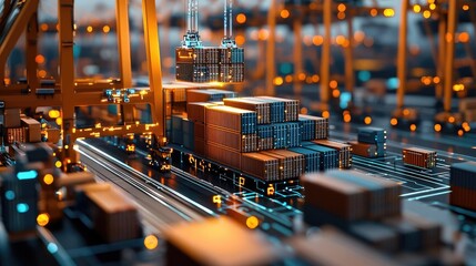 Poster - Cargo ship in harbor with global shipping logistic concept. A vibrant scene of containers being lifted in a cargo terminal.
