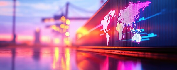 Poster - Cargo ship in harbor with global shipping logistic concept. Illuminated shipping container with a world map at sunset.