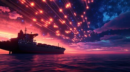 Poster - Cargo ship in harbor with global transportation trade concept. A cargo ship on calm waters under a vibrant cosmic sky.