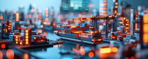 Poster - Cargo ship in harbor with global shipping logistic concept. A vibrant miniature port scene with illuminated cargo ships.