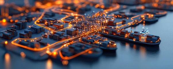 Poster - Cargo ship in harbor with global shipping logistic concept. Aerial view of a vibrant harbor with illuminated shipping containers.