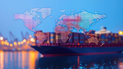 Poster - Cargo ship in harbor with global shipping logistic concept. Digital map overlay on cargo ship in port during twilight.