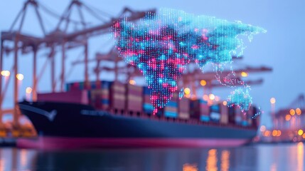 Aufkleber - Cargo ship in harbor with global shipping logistic concept. A vibrant cargo ship docked at a harbor with digital overlay.