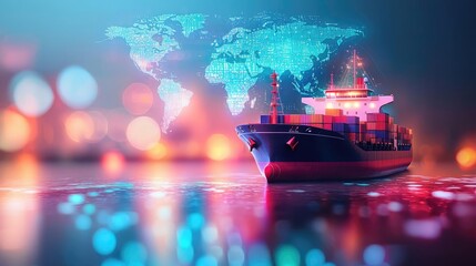 Poster - Cargo ship in harbor managing global logistic transportation concept. A modern cargo ship with a digital map background at night.
