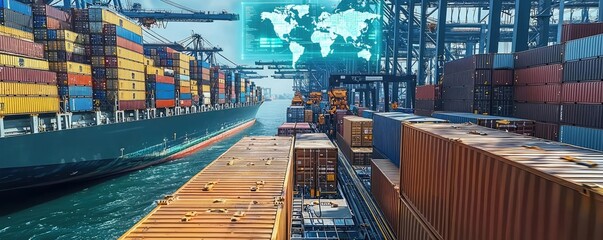 Aufkleber - Cargo ship in harbor with global transportation trade concept. Aerial view of shipping containers at a busy port with digital map.