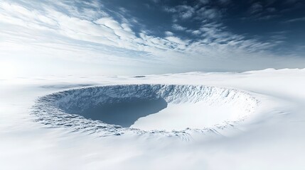 frozen crater, arctic wasteland, dramatic sky