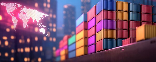 Poster - Cargo ship in harbor managing global logistic transportation concept. Colorful shipping containers stacked in a vibrant urban setting.