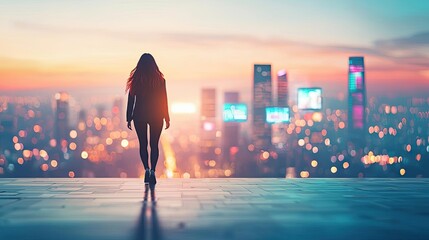 Poster - Silhouette of women progress in urban city with abstract lights concept. Silhouette of a woman overlooking a vibrant city skyline.