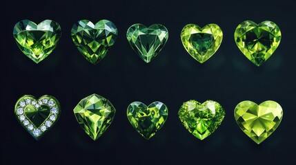 Poster - Collection of Heart Shaped Peridot Gemstones on Dark Background Displaying Facets and Brilliance in a Romantic Arrangement for Jewelry Design