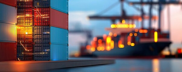 Aufkleber - Cargo ship in harbor with global shipping logistic concept. Cargo containers near a harbor, showcasing maritime logistics.
