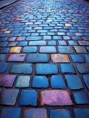 Poster - Cobblestone path with vibrant colors and wet surface creating a textured urban landscape and perspective view