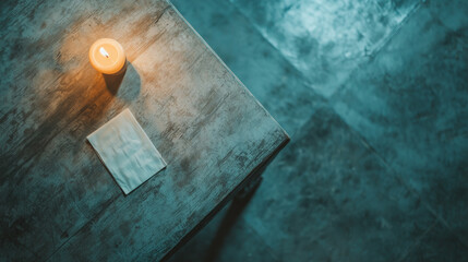 Poster - single candle illuminates rustic wooden table with folded napkin, creating serene atmosphere