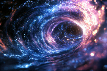 Aufkleber - A swirling vortex of cosmic dust and light, resembling a black hole or nebula, with vibrant purple and blue hues.