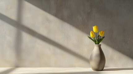 Poster - still life of vase with yellow tulips in soft sunlight, casting dramatic shadows