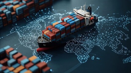Aufkleber - Cargo ship in harbor with global shipping logistic concept. Aerial view of cargo ship navigating global trade routes.