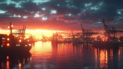 Poster - Cargo ship in harbor with global shipping logistic concept. Sunset over a bustling port with cargo ships and cranes.