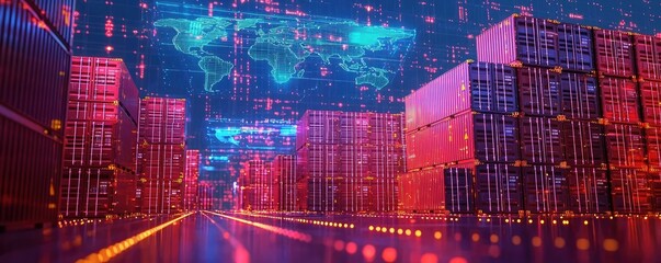 Poster - Cargo ship in harbor with global transportation trade concept. Futuristic warehouse landscape with digital visualization elements.