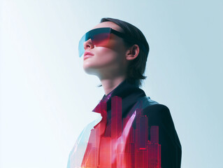 Poster - woman in futuristic attire with reflective materials gazes upward, wearing large visor glasses, against digital cityscape