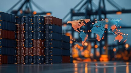 Poster - Cargo ship in harbor with global shipping logistic concept. Shipping containers stacked in a port with global logistics theme.