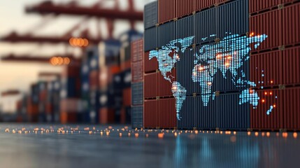 Poster - Cargo ship in harbor with global shipping logistic concept. A digital world map displayed on shipping containers at a port.