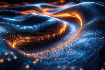 Aufkleber - Abstract digital wave with glowing orange and blue particles, creating a mesmerizing, futuristic landscape.