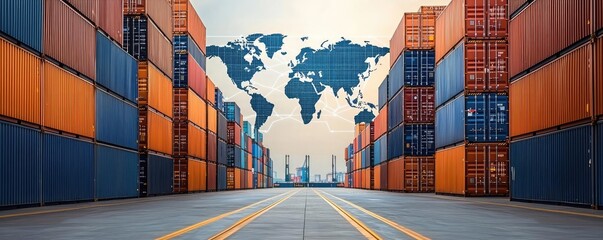 Aufkleber - Cargo ship in harbor with global transportation trade concept. Colorful shipping containers with a world map backdrop.