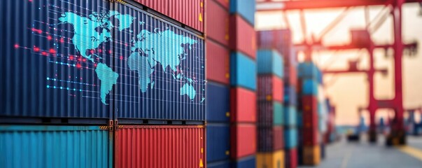 Poster - Cargo ship in harbor managing global logistic transportation concept. Containers at a shipping port with a world map graphic overlay.