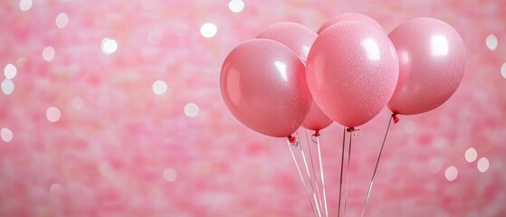 Poster - Festive pink balloons floating against a blurred bokeh background creating a celebratory and joyful atmosphere perfect for birthdays and special occasions