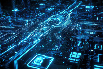 Poster - Abstract digital circuitry glowing with blue light, representing data flow and technological advancement.