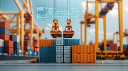 Aufkleber - Cargo ship in harbor with global shipping logistic concept. Modern logistics with cranes lifting colorful shipping containers.