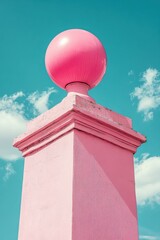 Poster - Pink Sphere on Concrete Pillar against a Blue Sky with Clouds Capturing Architectural Detail and Vibrant Color Palette in a Minimalist Style