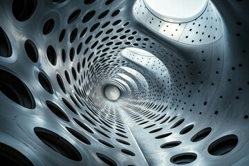 Poster - Abstract metallic tunnel with repeating circular perforations, creating a mesmerizing and futuristic perspective.