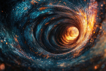 Aufkleber - A swirling cosmic vortex, fiery orange core contrasting with a dark blue nebula, depicting a journey into the unknown.