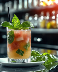 Poster - Refreshing watermelon basil cooler with vibrant green basil leaves, served in glass on white plate. drink features mix of colorful ingredients, perfect for summer day