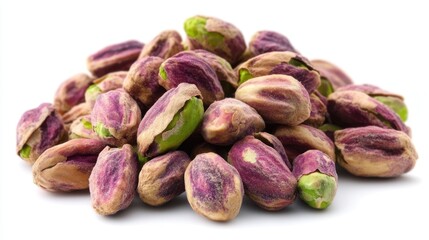 Poster - Pile of Pistachios in Shells on White Backdrop Close Up Studio Shot Capturing the Texture and Colors of the Nuts Healthy Snack Food Ingredient