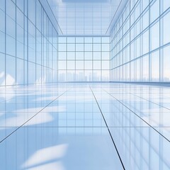 Poster - Bright and Spacious Modern Office Interior with Glass Walls and City View Reflecting on Tiled Floor Creates a Clean and Minimalist Aesthetic