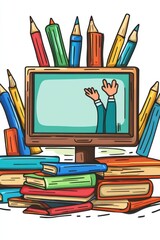 Poster - Creative Cartoon Workspace with Books, Monitor, and Colored Pencils Vibrance