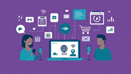 Poster - Digital collaboration scene with diverse individuals and technology on a purple background