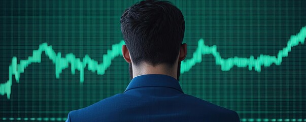 Aufkleber - Green stock market chart showing financial success in business concept. Businessman analyzing growth trends on a digital screen.