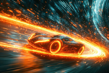 Poster - A futuristic sports car, ablaze with fiery energy, speeds around a luminous track at incredible velocity.