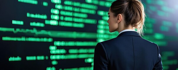Poster - Green stock market chart with abstract background in finance concept. Businesswoman analyzing data on a digital screen.