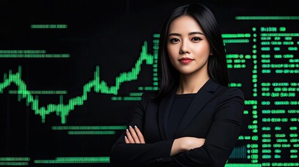 Aufkleber - Green stock market chart showing financial success in business concept. Confident businesswoman standing in front of financial data.