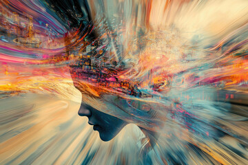 Poster - Abstract artwork depicting a woman's face overlaid with a vibrant, city-like dreamscape.