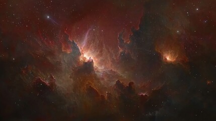 Wall Mural - Nebula Display Red, bright cosmic clouds form a nebula in space, lit by a stellar glow