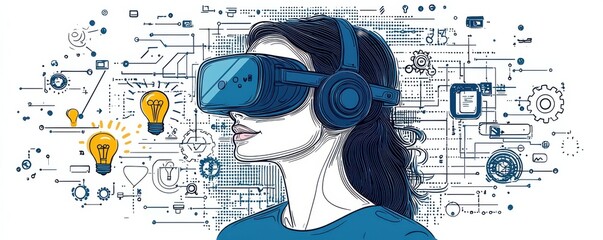 Poster - Illustrated woman explores technology through VR headset augmented with futuristic elements