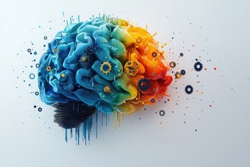 Poster - Abstract artistic depiction of a colorful brain with mechanical elements